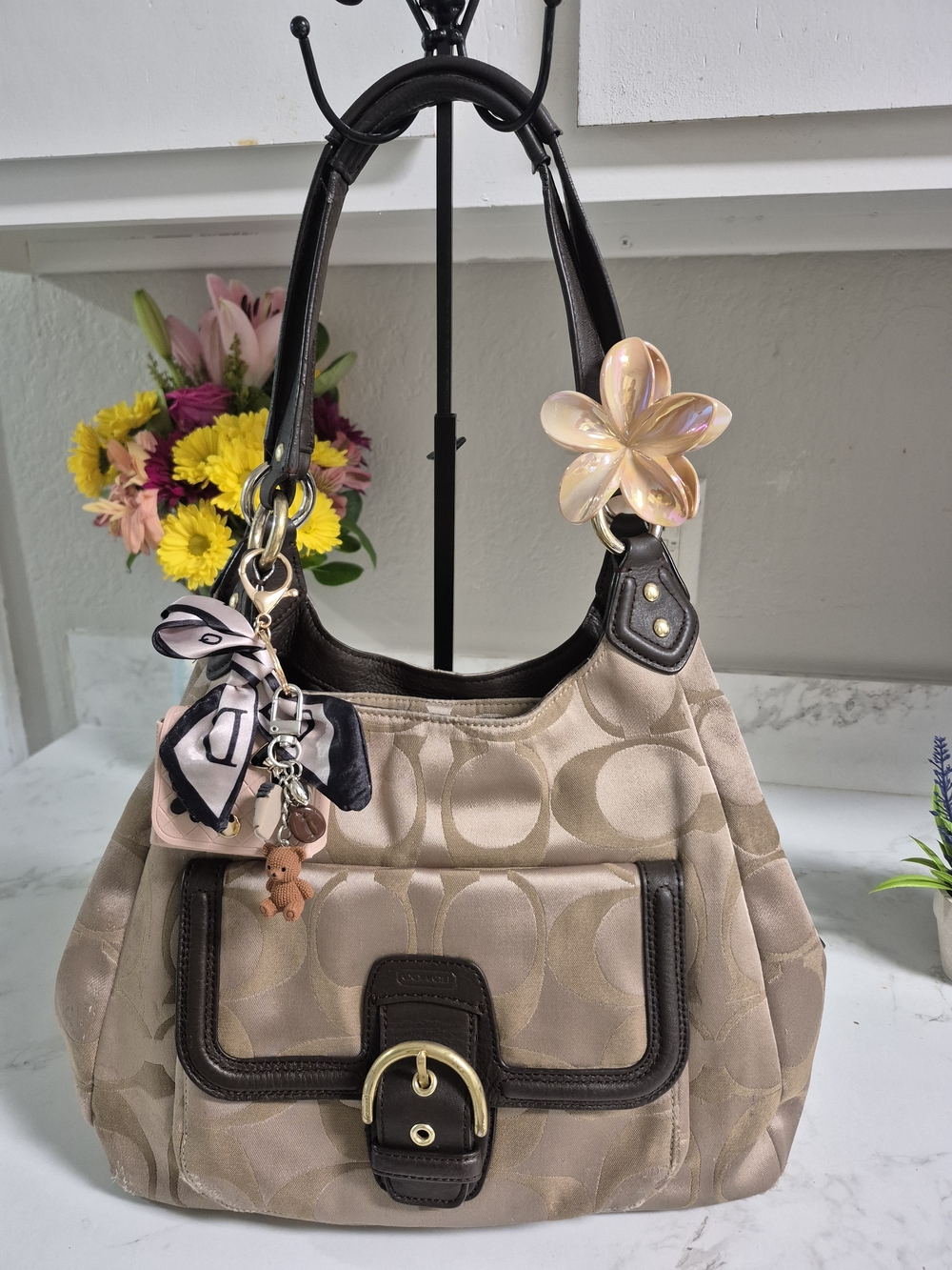 Coach Campbell Hobo Signature Canvas Shoulder Bag with Dark Brown Leather Trim